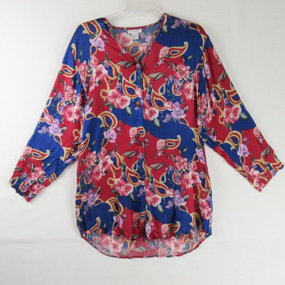 Vintage Robert Stock Red Pink Blue Printed Silk Pajama Top Size S Button Down - Picture 1 of 10